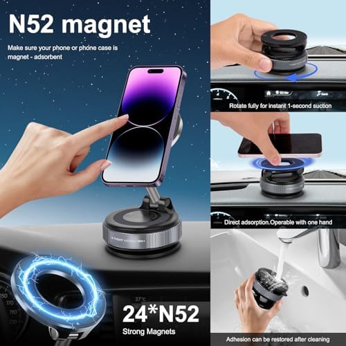 Nano Gel Vacuum Magnetic Suction Phone Holder, Foldable and Retractable Hands-Free Suction Cup Phone Mount for Car/Gym/Mirror/Smooth Surface, Compatible with iPhone and Android (Gel Black) – Enhanced Compatibility and Speed