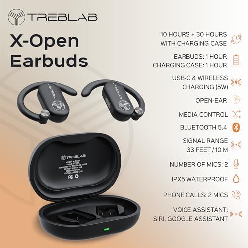 TREBLAB X-Open True Open Ear Wireless Earbuds – Ultra-Lightweight Bluetooth Sports Headphones with 40-Hour Playtime, Secure Behind-Ear Design for Active Use, Immersive Sound Quality, Dual Microphone for Clear Calls, Ideal for Running and Intense Workouts, Enhanced Comfort and Seamless Device Compatibility
