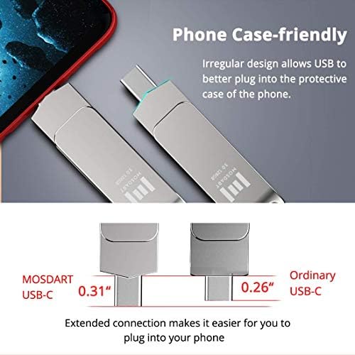 MOSDART 256 GB USB 3.1 Dual Flash Drive – Lightning-Fast Data Transfer for i Phone 15/16, Android, i Pad & Mac Book – Versatile USB-C & A Compatibility – Portable Keychain Design with LED Status Indicator