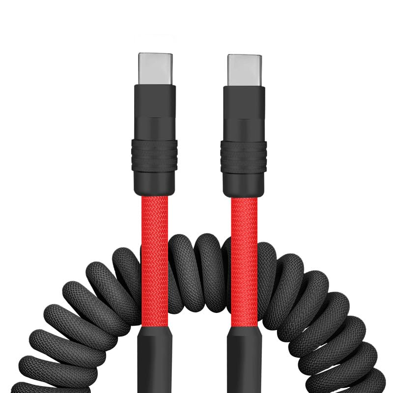 Dynamic Curly Chubby Coiled USB C Cable: 240 W Fast Charge Retractable Spiral Braid Cord for Carplay & Android Auto, Versatile Length 2.29 FT to 3.6 FT, Sleek Black and Red Design, Enhanced Compatibility for All USB-A to Type-C Devices