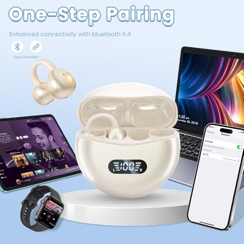 Innovative Clip-On Open Ear Wireless Bluetooth 5.4 Headphones – Perfectly Designed for Small Ears and Glasses Wearers; 60-Hour Battery Life, Superior Noise Cancellation, and Waterproof for Active Lifestyles and Workouts (Vibrant Purple)