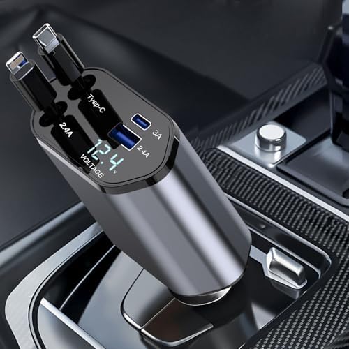 Ultimate 4-in-1 Retractable Car Charger – 100 W Fast Charging Adapter with Dual USB Ports and 2.6 ft Cable for i Phone 15/14/13/12 Pro Max & Galaxy S23 – Compact Design for Superior Compatibility and Organized Charging Solutions