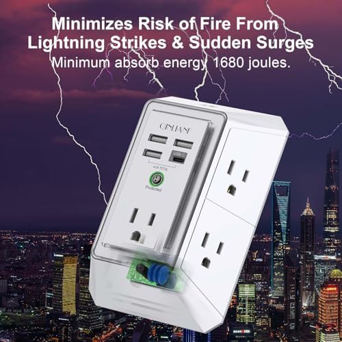 QINLIANF 5-Outlet USB Wall Charger with Surge Protection – 4 USB Ports (4.8 A Total) Power Strip Extender, 3-Sided Design for Easy Access, 1680 J Surge Defense, Compact Multi-Plug Adapter for Home, Travel, and Office Use – Elevate Your Charging Experience with Versatile Compatibility and Safety