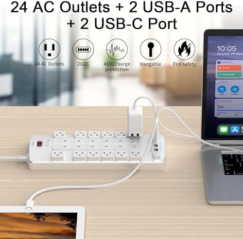 Ultimate QINLIANF Surge Protector Power Strip – 6 Ft Heavy-Duty Extension Cord with 24 Versatile Outlets and 4 High-Speed USB Ports (2 USB-C), 1875 W/15 A Capacity, 4100 J Surge Protection for Home, Office, and Dorm Use – ETL Certified for Maximum Safety and Reliability