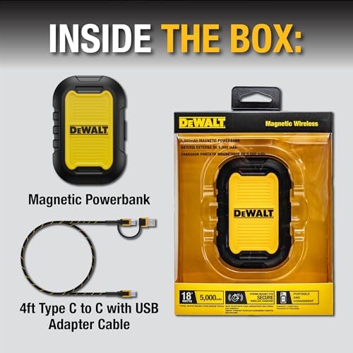 DEWALT Rugged Magnetic Power Bank 5,000 m Ah – Fast Wireless Charger with 18 W Output, Water-Resistant Design, USB-C to USB Adapter Included for i Phone 16/15/14 Compatibility – Ultimate On-the-Go Power Solution for Outdoor Enthusiasts and Tech Users