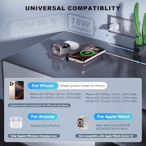 Elevate Your Charging Game with the Ultimate 3-in-1 Wireless Charger – Fast Magnetic Charging Station for i Phone 16, Compatible with i Phone 15, 14, 13, 12 Pro Max, Air Pods 4/3/Pro & Apple Watch – Perfect for Travel & Daily Use, Streamlined Design for Effortless Organization and Enhanced Efficiency