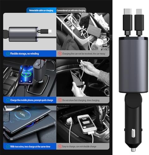 Revolutionary 4-in-1 Retractable Car Charger with Dual Ports – Fast Charging Solution Featuring Type C & Lightning Cables for Ultimate Compatibility and Efficiency – Tangle-Free, Durable Design for On-the-Go Power