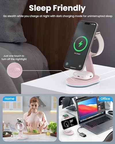 Ultimate 3-in-1 Wireless Charging Station for i Phone, Apple Watch, and Air Pods – Qi2 Certified 15 W Magnetic Charger with 30 W USB-C Adapter & Integrated Night Light – Streamlined Design for i Phone 16/15/14/13/12 – Superior Speed and Enhanced Compatibility for Modern Tech Users