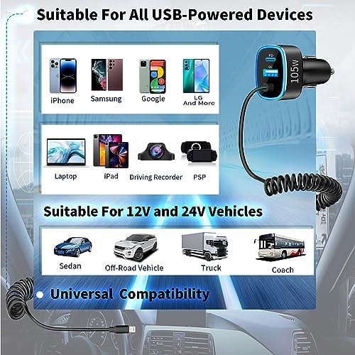 Rombica 105 W MFi Certified Dual USB-C & USB-A Fast Car Charger for i Phone 16 Pro Max – Ultimate Portable Power Solution with 6 FT Coiled Type-C Cable for Rapid Charging on the Go, Perfect for Road Trips and Daily Commuting