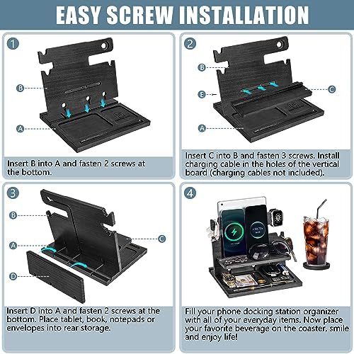 Premium Black Wood Multi-Device Docking Station – Sleek Nightstand Organizer with Hidden Drawer for Valuables, Ideal for Phones, Tablets, Apple Watch, Keys, and EDC Essentials – Streamlined Charging and Elegant Design for Home or Office