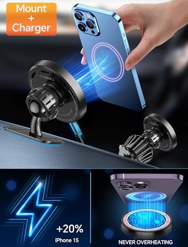 Kaistyle Mag Safe Car Charger Mount – Ultimate Magnetic Wireless Charging Solution for i Phone 16, 15, 14, 13, 12 – Dual Dashboard & Vent Compatibility, Enhanced Magnet Strength for Secure Device Hold, Fast Charging Efficiency, Sleek Design for Modern Cars, Perfect for Mag Safe Cases – Elevate Your Driving Experience with Hassle-Free Navigation and Power