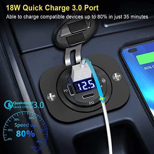 High-Speed Dual USB C Car Charger Socket 12 V Outlet – 2 Pack Aluminum Metal 78 W with 30 W PD & 18 W QC3.0 Ports, Waterproof LED Voltmeter & Power Switch for RVs, Motorcycles, and Marine Use – Ultimate Compatibility & Reliability for All Devices