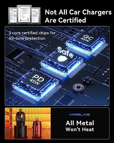 MRGLAS 90 W USB C Car Charger – Rapid PD45 W & QC3.0 Dual Port Adapter for i Phone 16 Pro Max & Samsung S25 – Stylish Purple Fast Charging Solution for On-the-Go Power Needs – Compact & Reliable Cigarette Lighter Charger for Busy Lifestyles