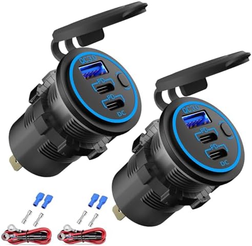 High-Speed 2 Pack 12 V USB Outlet Wired Charger with Dual PD3.0 and Quick Charge 3.0 – Multi-Port Fast Charging Solution for Car, Boat, RV, ATV – Enhanced Compatibility for Phones & Tablets, Energy-Efficient Power Switch