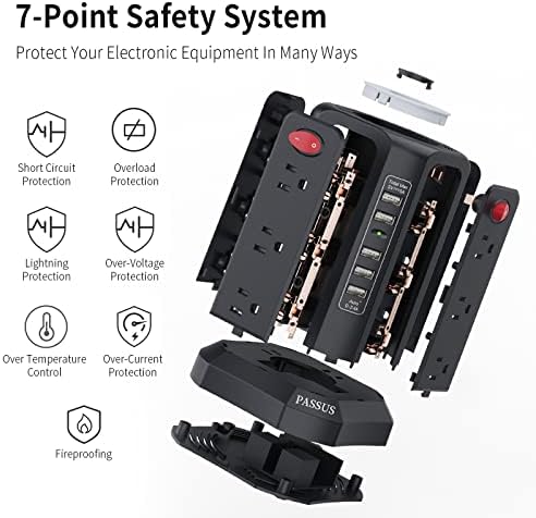 PASSUS Surge Protector Power Strip Tower with 12 AC Outlets and 5 High-Speed USB Ports – 10 FT Extension Cord with Overload Protection and Built-In Night Light for Home Office and Dorm Room – Sleek Black Design for Ultimate Charging Efficiency