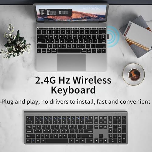 Ultra-Slim 2.4 G Wireless Keyboard with Numeric Keypad – Silent Ergonomic Design for Effortless Typing on PC & Mac, Plug-and-Play USB Receiver, Scissor Switch Technology for Enhanced Comfort and Speed