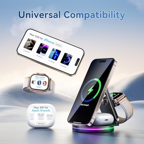 Sleek 3-in-1 Wireless Charging Station for Apple Devices – 15 W Fast Mag-Safe Qi-Certified Portable Charger Stand for i Phone 12/13/14, Apple Watch & Air Pods Pro/2/3 – Adjustable Viewing Angle & Compact Design in Elegant Silver Finish – Ultimate Convenience for Home and Office Use