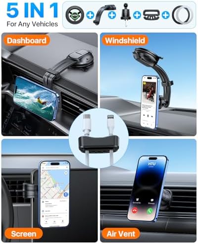 HTU 2025 Mag Safe Car Mount – Advanced 5-in-1 Magnetic Phone Holder for i Phone with Robust Suction Power and Customizable Bendable Design for Dashboard, Windshield, and Vent – Elegant Light Rose Finish, Safety Certified for Ultimate Reliability