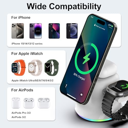 3-in-1 Fast Wireless Charging Station for Apple Devices – Efficiently Charge i Phone 15/14/13/12/16, Apple Watch & Air Pods Simultaneously – 15 W Magnetic Power, Sleek & Portable Design for Home & Travel – Ultimate Solution for Apple Enthusiasts