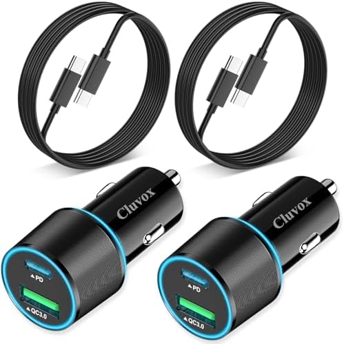 Dual Port 38 W USB-C Car Charger (2 Pack) – Fast Charge Your i Phone 16 Pro/Max/Plus & Samsung Galaxy S25/S24/S23 with 20 W PD & 18 W QC – Includes 3.3 FT Type C Cable – Sleek Black Design for Enhanced Compatibility and Efficiency, Perfect for Road Trips and Daily Commutes