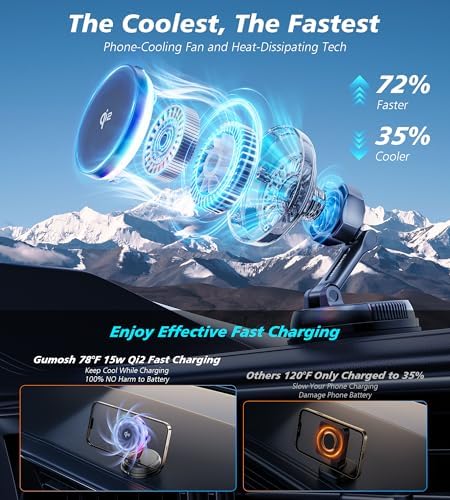 Ultimate Qi2 15 W Mag Safe Car Mount Charger with Cooling Fan – Enhanced Rapid Charging and 78+ lbs Suction Power for i Phone 12-16 – Stylish RGB Lighting and Optimal Device Protection for On-the-Go Convenience and Hands-Free Navigation