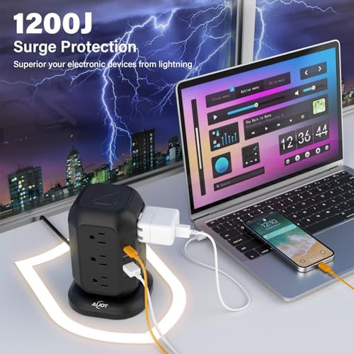 Ultimate Power Strip Tower with USB Ports – Ai Joy 12 AC Outlet Surge Protector and 4 USB Charging Station with 10 Ft Extension Cord, Overload Protection for Home, Office, and Dorm Use – Space-Saving Design for Enhanced Device Compatibility and Fast Charging
