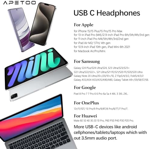 APETOO USB-C Magnetic Noise-Canceling Earbuds – Premium Wired Headphones for i Phone 16 & Samsung Galaxy S24 – Ergonomic Design with Built-in Microphone, Volume Control & Tangle-Free Storage for Superior Sound Quality and All-Day Comfort
