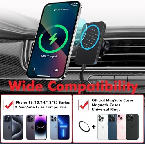 Effortless Driving: 15 W Mag Safe Car Mount Charger for i Phone 12-16 Pro Max – Ultra-Magnetic Wireless Holder with Fast Charging, Space-Saving Vent Design, and One-Handed Operation for Seamless Connectivity