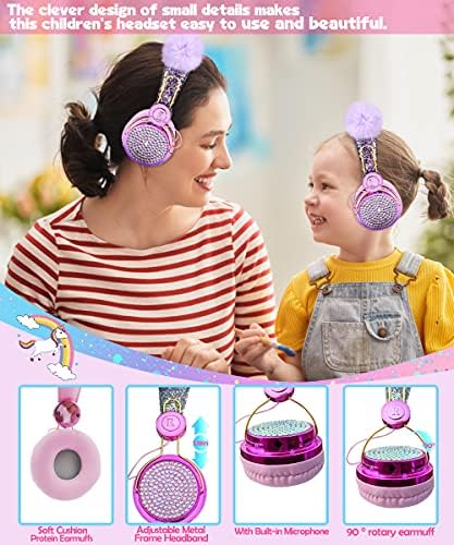 Light Purple Unicorn Cat Ear Bluetooth Headphones for Kids – Safe Listening with Volume Limiting, FM Radio & Dual Connectivity for Fun Learning and Entertainment – Ideal for School, Laptops, and Smartphones