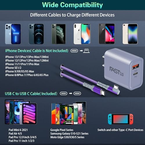 Dual Port Fast Charging Wall Adapter with 10 FT Right-Angle USB C Cable – 20 W USB-C Power Block for i Phone 16/15, Samsung Galaxy S25 Ultra, S24, S23, S10 – Efficient Charging Convenience for Home, Office, and Travel
