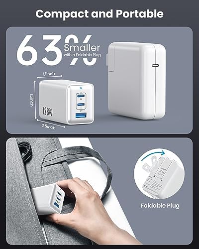 High-Efficiency 128 W USB C Wall Charger – Ga N III 3-Port Fast Charging Hub for Mac Book, i Phone, Galaxy & More – Portable 65 W Adapter with Foldable Design for Ultimate Convenience and Speed
