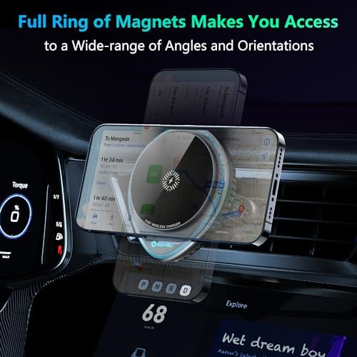 Mag Safe Car Charger with Mini Fan – 15 W Fast Wireless Charging Holder for i Phone 12-16 Models – 360° Rotating Magnetic Mount for Enhanced Usability and Overheating Prevention – Ultimate Driving Accessory