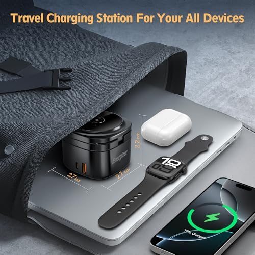 Energizer 5-in-1 Foldable Mag Safe Charging Station with 65 W USB-C Fast Charger – Universal Dock for i Phone 16/15/14/13 Pro Max, Apple Watch, Air Pods, and Mac Book – Streamlined, Portable Power Solution for Tech Enthusiasts