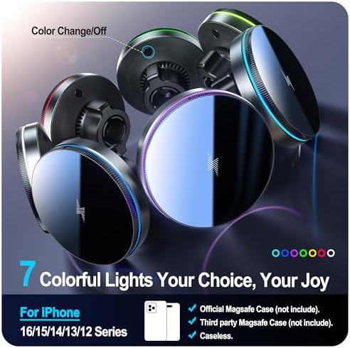 Experience Ultimate Driving Convenience with the Beser Mag Safe Car Mount Charger – 15 W Qi Wireless Charging for i Phone 15/14/13/12 Series, Powerful 4.13 lbf Magnetic Hold, Multi-Purpose Dashboard/Vent Phone Holder, Customizable 7-Color LED Lights, Premium Aluminum Design in Sleek Silver Finish