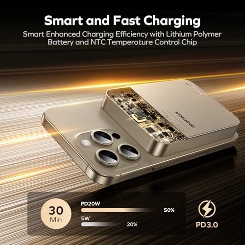 MOMAX 5000 m Ah Ultra-Slim Magnetic Power Bank – 0.3-Inch Portable Charger with 20 W Fast Wired & 15 W Wireless Charging, Compatible with Mag Safe and i Phone 15/14/13/12 Series, Includes USB-C Cable, Black – Lightweight Travel Companion with Strong N52 Magnet for Optimal Alignment & Advanced Safety Features for Secure Charging