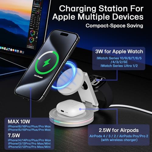 Revolutionary 3-in-1 Wireless Charger Hub for i Phone, Apple Watch & Air Pods – 10 W Fast Charging, 360-Degree Rotating Zinc Alloy Design, Foldable & Magnetic for Ultimate Convenience and Compatibility with i Phone 12-16 Series