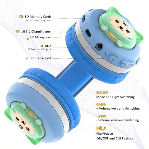 Riwbox CB-7 S Wireless Kids Headphones – Safe & Stylish Audio for Young Listeners with Adjustable Volume Control (74/85/95 d B), LED Glow Lights, 50 Hours of Playtime, Bluetooth 5.3 Connectivity, Built-in Microphone & TF Card Slot for School, Travel, and Home Use (Pink & Green) – Ideal for Active Lifestyles