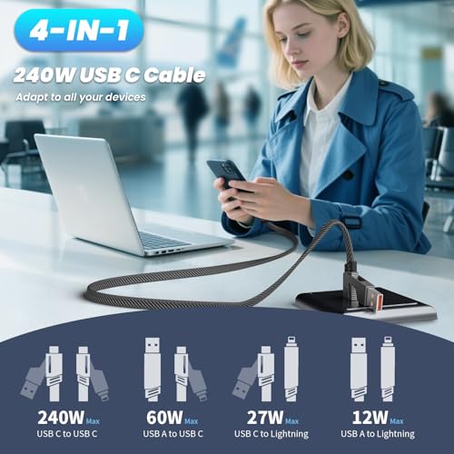 100W USB C Multi Charging Cable,3 in 1 USB C Cable Fast Charging with E-Mark Chip,Universal Charging Cable with Type-C, Micro USB,IP Port for iPhone16/15/Cell Phones and More – Enhanced Compatibility and Speed