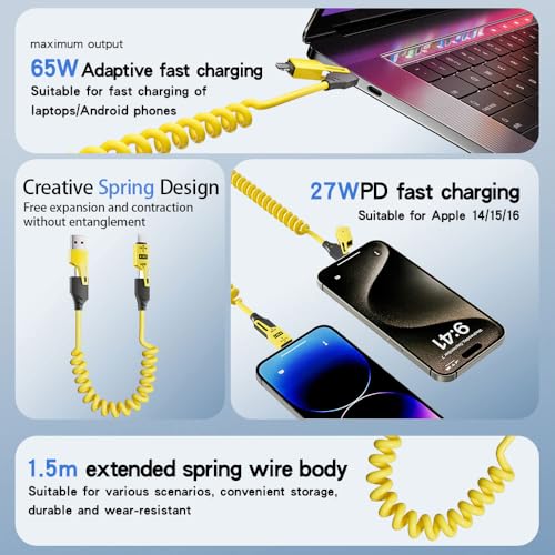 4 in 1 Spring Fast Charging Cable (2Pack), 65W USB-C PD Multi Fast Charging, 1.2m/4ft Coiled Retractable Cable for iPhone Samsung Laptop – Yellow+Green – Enhanced Compatibility and Speed
