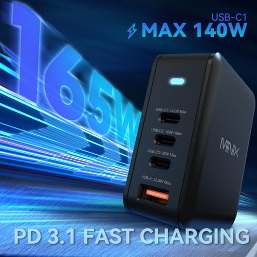 MINIX 165 W Ga N II USB-C Power Adapter – Ultra-Compact 140 W Fast Charging Station with 4 Ports for Multi-Device Connectivity – Essential PD3.1 Charger for Mac Book Pro, i Phone 15 Series, Galaxy S24 Ultra & i Pad Air – Lightweight Travel Companion for Quick Power Solutions