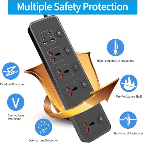 Jumpso European Travel Plug Adapter with Individual Switch – 6 ft Universal Power Strip with 5 AC Outlets and 6 USB Ports (4 USB-C) – Maximum 3000 W Surge Protector for Safe and Efficient Charging in Office and Travel Environments – Compact, Versatile, and Energy-Saving Solution for All Your Devices