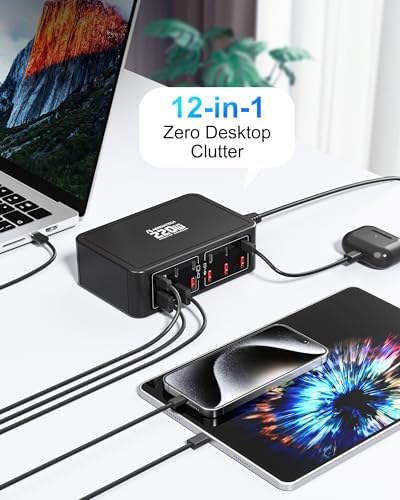 220 W Ga N USB-C Charging Station – 12-Port High-Speed Hub with 65 W Laptop Adapter for Mac Book, i Pad, and More – Sleek Black Multi-Device Power Solution for Home, Office, and Travel – Efficient Charging for Tech Enthusiasts and Families