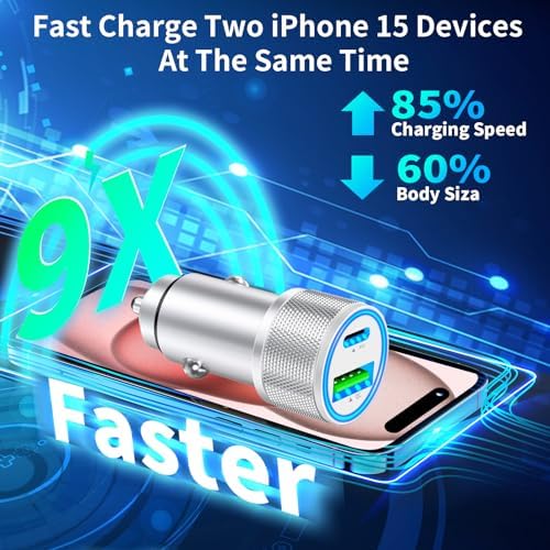 BAOYUANDA 72 W Dual Port USB-C Car Charger for i Phone 16 Series – MFi Certified Fast Charging Solution with 2 Durable Type C Cables for i Pad Pro, Android & More – Ultimate Compatibility for On-the-Go Power Management