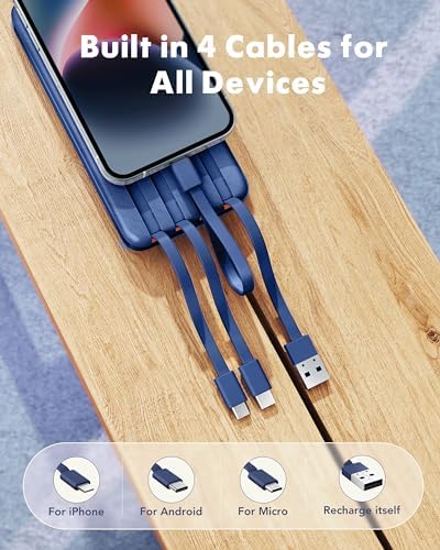 Charmast 20000 m Ah Travel Power Bank with 4 Integrated Charging Cables and 6 Output Ports, 20 W Fast Charging External Battery Pack for i Phone 16/15/14, Android Devices, i Pads, and Tablets – Ultimate On-the-Go Charging Solution for Seamless Connectivity and Reliability