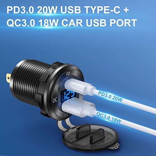 High-Performance 12 V USB C Car Charger Socket – 38 W Waterproof Adapter with PD 3.0 & QC 3.0 for Rapid Device Charging in Cars, Trucks, RVs, and Marine – Features Integrated Power Switch & Voltmeter for Battery Health Monitoring