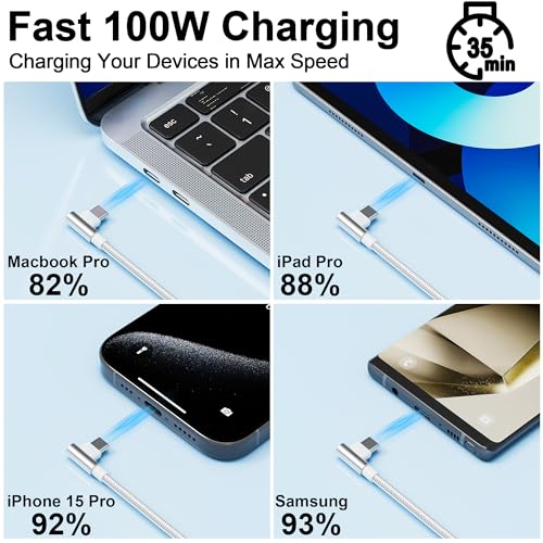 Maximize Device Efficiency with the 10 FT 4-in-2 Multi Charging Cable: Unmatched USB C & Lightning Compatibility for i Phone 15/14, Galaxy S23, and Apple Watch – Experience 100 W Fast Charging with Innovative 90-Degree Connector for Effortless Connectivity Across All Your Gadgets