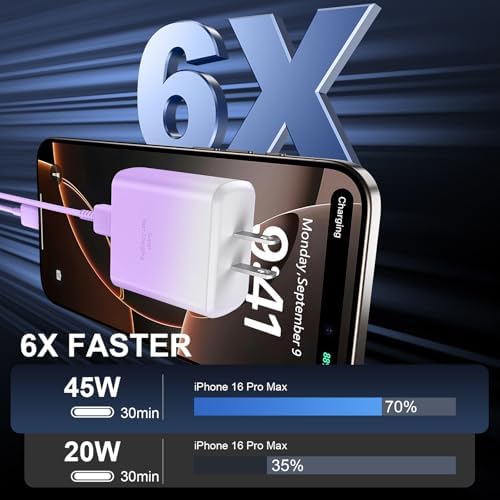 Accelerate Your Power Needs with Our 45 W Ultra-Fast USB-C Charger for Phone 16 Series – Includes a 10 ft Type C Cable in Eye-Catching Purple – Perfectly Crafted for Swift Power Delivery to Phone 16 Pro, Max, Plus & Earlier Models – Unleash Maximum Charging Efficiency and Aesthetic Appeal for Tech Enthusiasts on the Move