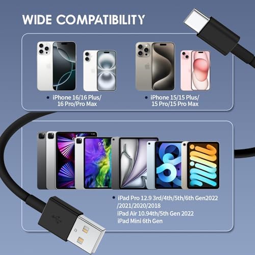 Car Carplay Cable for iPhone 15/16 Car Charger Cable,4Pack USB A to USB C for Carplay USB C Cord,iPhone 16/15/Plus/Pro Max,iPad Pro 12.9/11,Air 5th/4th Gen,Mini 6th Gen/Car Charging Cable 3FT – Enhanced Compatibility and Speed