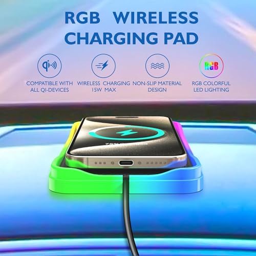 Elevate Your Driving Experience with the LANSEMKU 15 W RGB Wireless Car Charger Pad – Fast and Stylish Charging for i Phone and Samsung Devices, Non-Slip Design with 100 CM USB Cable for Ultimate Convenience and Compatibility
