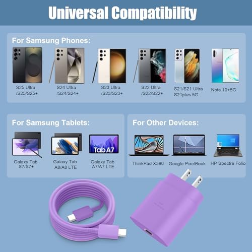 10 Ft USB C Charging Cable with 25 W Fast Charge Block – Optimal Compatibility for Samsung Galaxy S25/S24/S23 Series and Note 20/10 – Durable, Long-Lasting Performance for Home, Office, or Travel Use – Effortless Power for Your Android Devices
